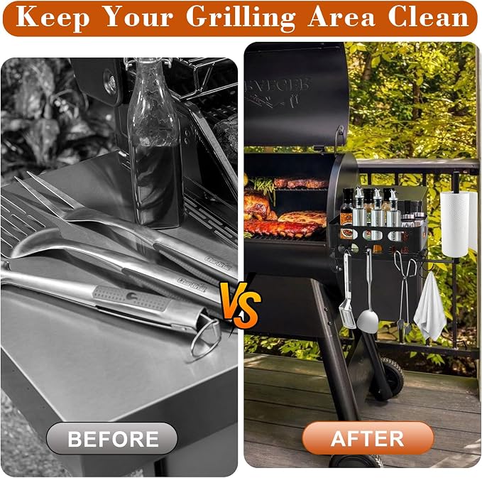 Storage Bin for Traeger Grills,BBQ Basket with Paper Towel Holder,7 Metal Hooks Compatible with Traeger Pro 20/22/34/575/780, Ironwood 650, Z Grills, Pit Boss Pellet Grills Black