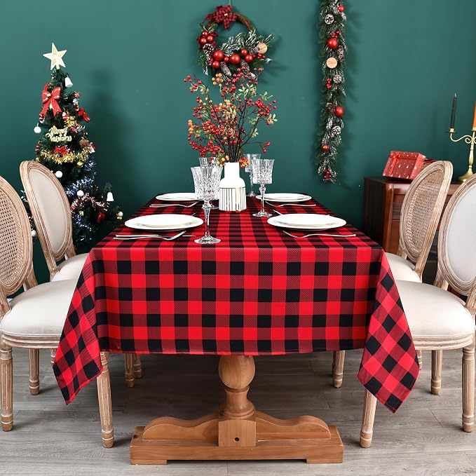Waterproof Christmas Plaid Tablecloth Fabric - Red Oblong 52x70 Inch Classic Buffalo Tartan Festive Table Cloth for Indoor Use - New Year Tabletop Cover for Dinner, BBQs, and Parties