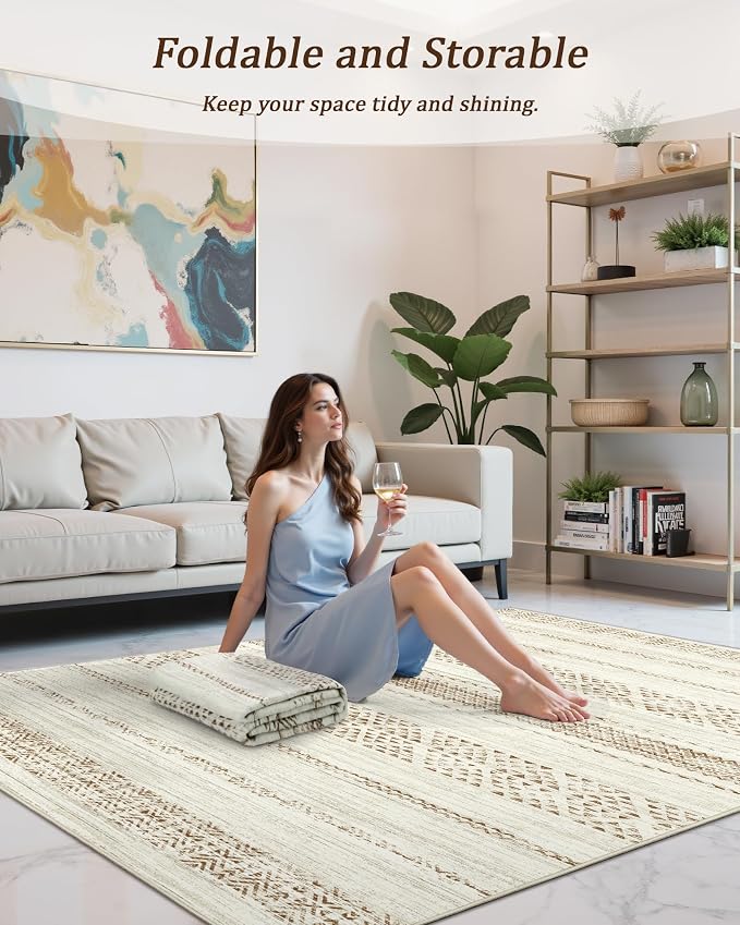 Miukiki 4x6 Washable Area Rug Non Slip Rug for Living Room Brown | Moroccan Soft Low Pile Indoor Area Rug for Living Room Bedroom Dining Room Stain Resistant Carpet with Easy Care 4'x6'