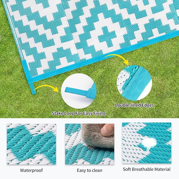 Outdoor Patio Plastic Straw Rug - 4x6 ft Outdoor Camping Rug Waterproof Reversible, Area Carpet Patios RV, Outside Porch Balcony Deck for Camper, Blue & White