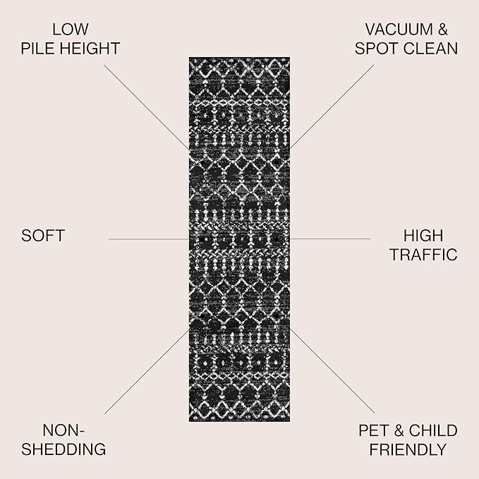 JONATHAN Y Boho Vintage Diamond Black/Ivory Runner Rug 2X14 ft, Moroccan Hype for Living Room, Bedroom, Kitchen, Office, Easy-Cleaning, High Traffic, Pet-Friendly, Non-Shedding (MOH101D-214)