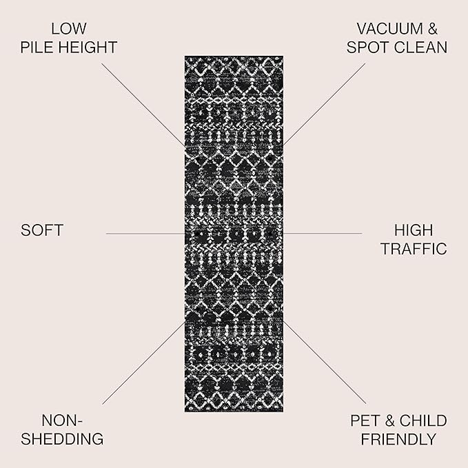 JONATHAN Y Boho Vintage Diamond Black/Ivory Runner Rug 2X8 ft, Moroccan Hype for Living Room, Bedroom, Kitchen, Office, Easy-Cleaning, High Traffic, Pet-Friendly, Non-Shedding (MOH101D-28)