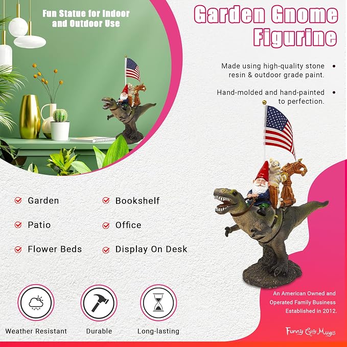 Funny Guy Mugs Garden Gnome Statue - T-Rex Fellowship - Indoor/Outdoor Garden Gnome Sculpture for Patio, Yard or Lawn - Funny Garden Statues