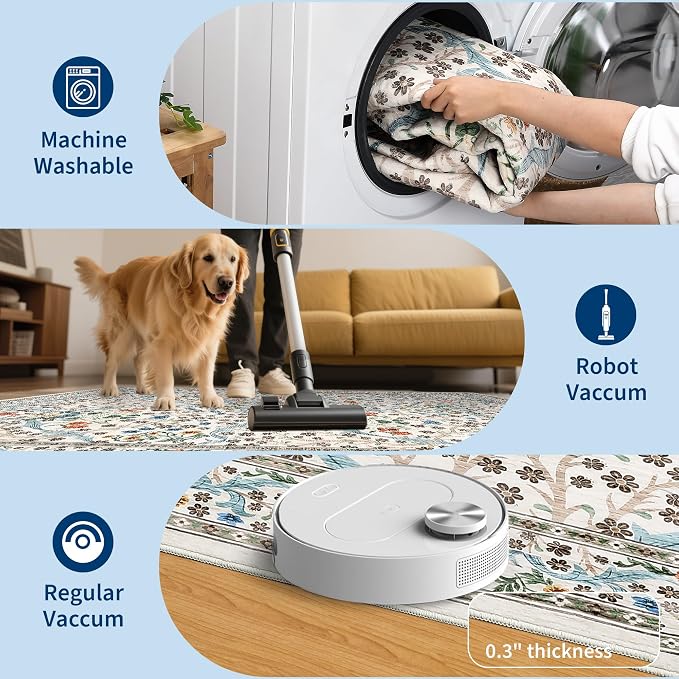 GarveeHome 4x6 Washable Area Rug for Living Room, Floral Large Entryway Kitchen Rug Non Slip, Ultra Soft Stain Resistance Carpet for Bedroom Laundry Room, Beige