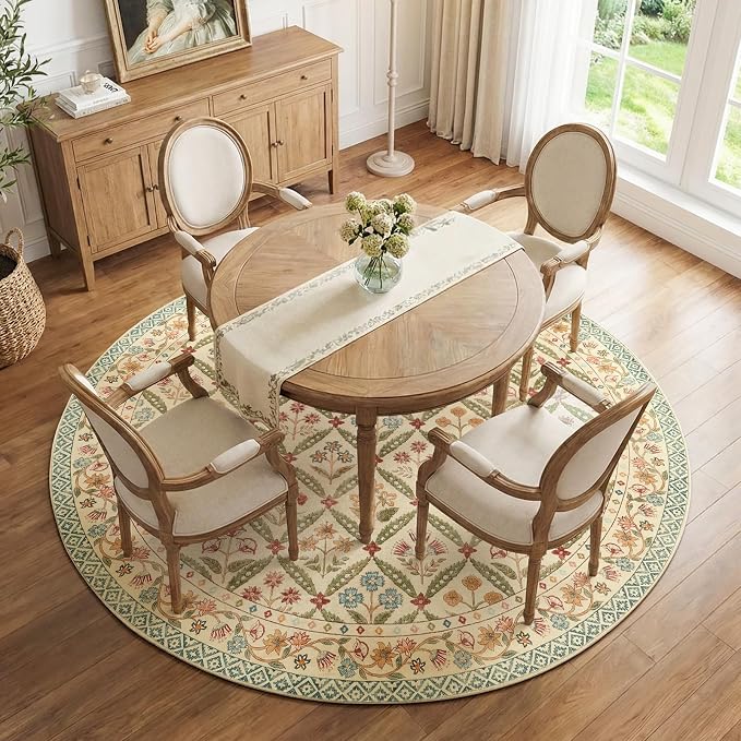 jinchan Round Rug 7ft Vintage Floral Washable Circle Area Rug, Teal Blue | Soft & Lightweight, Checkered Floral, Low Pile, Non Slip, Dining Room, Living Room, Bedroom, Girls Room, Kids Room Decor