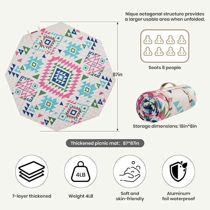 87 in * 87 in Waterproof Picnic Mat Picnic Blanket, Enlarged and Thickened Camping Mat, Larger Picnic Blanket, Suitable for Grassland, Beach, Courtyard, Outdoor Activities (Pink)