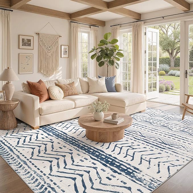 Nakagishi Boho 5x7 Area Rug Living Room Rugs Machine Washable Navy Blue | Soft, Pet & Kid Friendly, Carpet for Living Room/Bedroom/Office/Kitchen/Nursery, Daily Home Decor Stain Resistant Moroccan