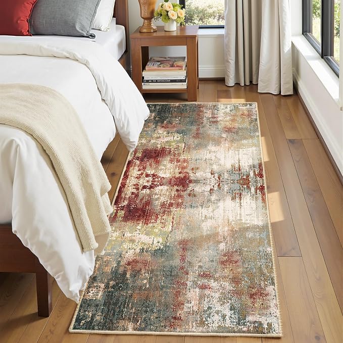 RELEANY Washable Runner 2'x8' Abstract Area Rug for Hallway Rustic Brown | Carpet for Kitchen, Entryway, Bathroom, Living Room, Bedroom, Printed Pattern, Non‑Slip, Soft, Stain‑Resistant, Easy to Clean