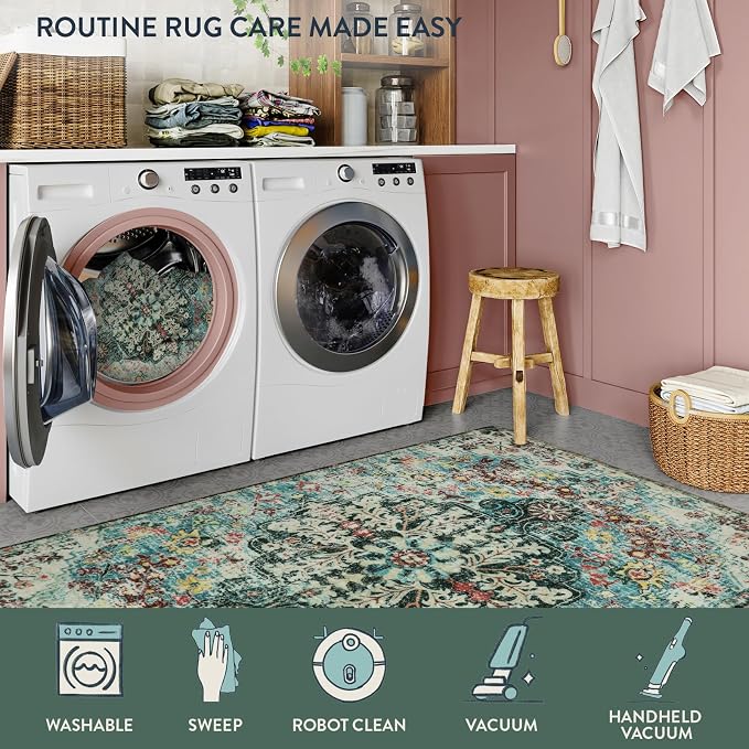 Lahome Reine Bohemian Floral 2x6 Washable Hallway Runner Rug, Non Slip Kitchen Laundry Hallway Rug Runner, Pet Friendly Bathroom Indoor Carpet Runners for RV Camper Entrance Bedroom