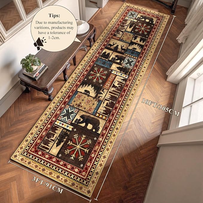 LOKHOM 3x10 Hallway Runner Rug, Non Slip Washable Western Cabin Bear Rugs | Bear Pattern, Low Pile Soft Kitchen Rug, Vintage Wildlife Accent Carpet Runner, For Laundry Bedroom Entryway Nursery