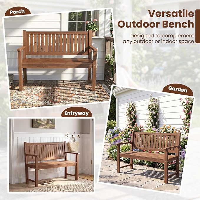 Tangkula 2-Seater Outdoor Wooden Bench, Garden Loveseat Bench with Backrest, Armrests, Slatted Seat, Loads up to 660 LBS, Fir Wood Bench Seating for Porch, Backyard, Deck, Poolside (45.5",Brown)