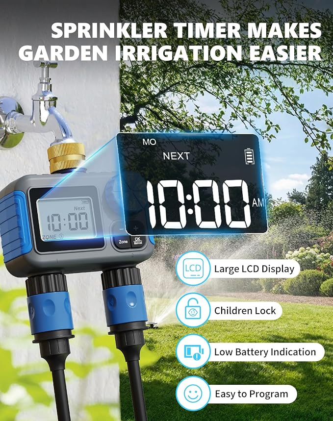 Sprinkler Timer with Brass Swivel, 2 Zone Hose Timers for Watering, Digital Irrigation Timer with Rain Delay & Manual Mode, Automatic Watering System for Outdoor Garden Lawn Yard
