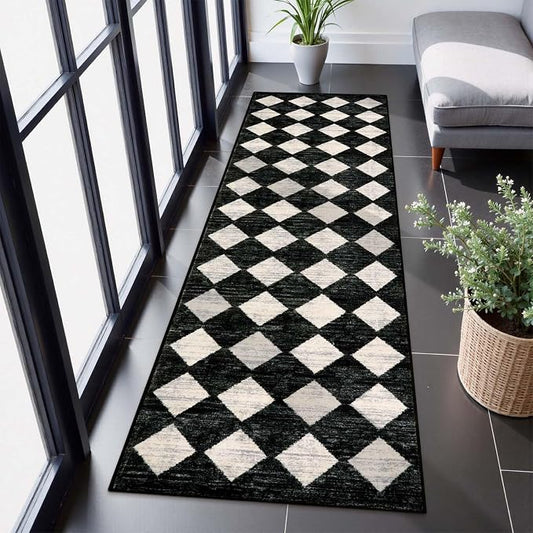 Checkered Kitchen Runner Rug 2x8 Black and White, Hallway Non Slip Washable
