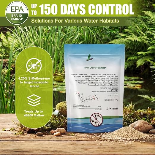 Biological Mosquito Control Pouches Dissolves in Water with Measuring Spoon Treats Up to 18744 Gallon 4.25% S-Methoprene IGR Larvae Won't Harm Fish Birds EPA Certified Rain Bath Pool 142g