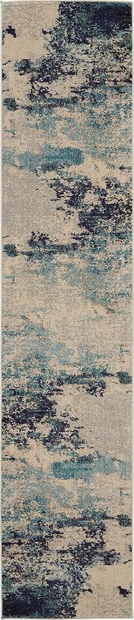 Nourison Home Celestial Modern Abstract Ivory/Teal Blue 2'2" x 12' Area Rug, Easy Clean, Non Shedding, Bed Room, Living Room, Dining Room, Kitchen (2x12)