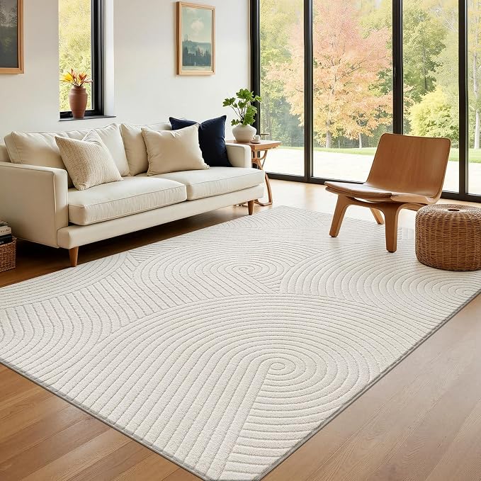 U'Artlines 5x7ft Washable Area Rug for Living Room, Beige | Minimalist Modern, Non Slip, Soft Cozy Fluffy, High-Low Pile Rug for Bedroom, Carpet for Dining Area, Kids Nursery Room