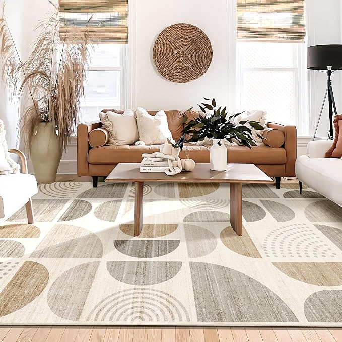 Area Rug 6x9,Washable Rugs Non Slip Modern Abstract Large | Throw Carpet for Living Room Bedroom Dining Room Boho Soft Low Pile Floor Indoor Bohemian Neutral Beige