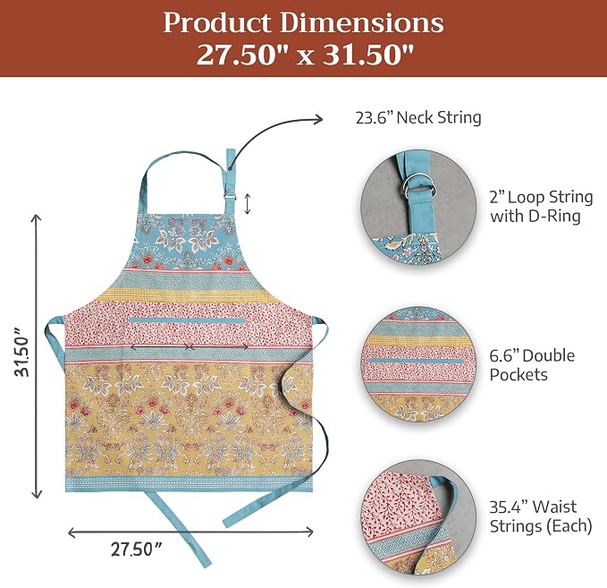 Maison d' Hermine Aprons for women with Pocket 100% Cotton (27.50"x31.50") | Adjustable Neck Strap & long ties Apron Men Chef Wedding Cooking Gardening Server Maid