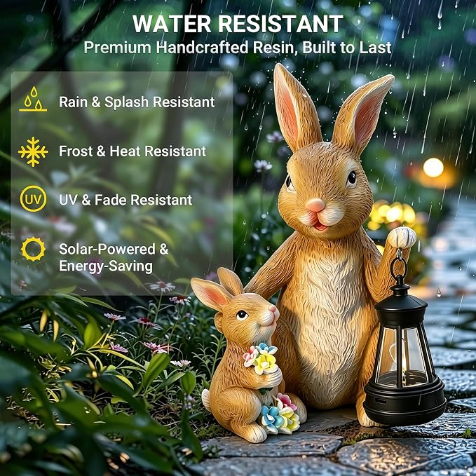 Solar Bunny Garden Statue with LED Lantern, Waterproof Resin Figurine | for Tabletop, Patio, Lawn & Easter Garden, Cute Outdoor Decor, Unique Housewarming & Birthday Gift for Women, Mom & Grandma