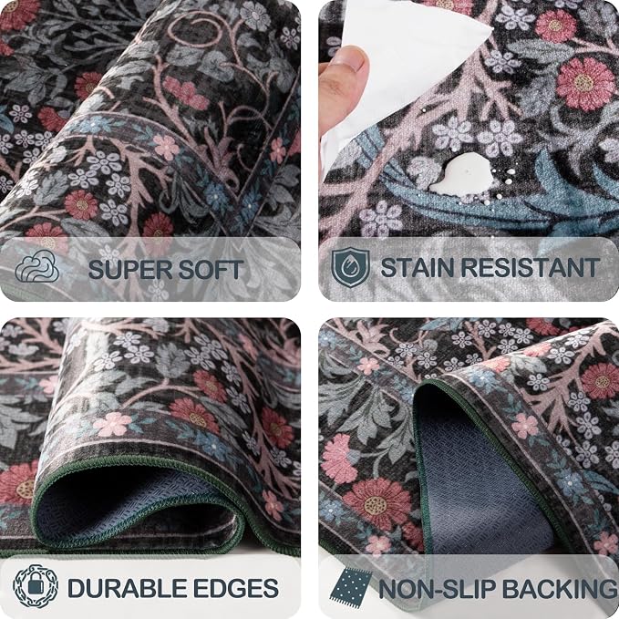 8x10 Washable Area Rugs for Living Room, Stain Resistant Vintage Rugs for Dining Room Under Kitchen Table, Bedroom, Floral Low Pile Non-Slip Large Carpet (8 x 10 Dark Green)