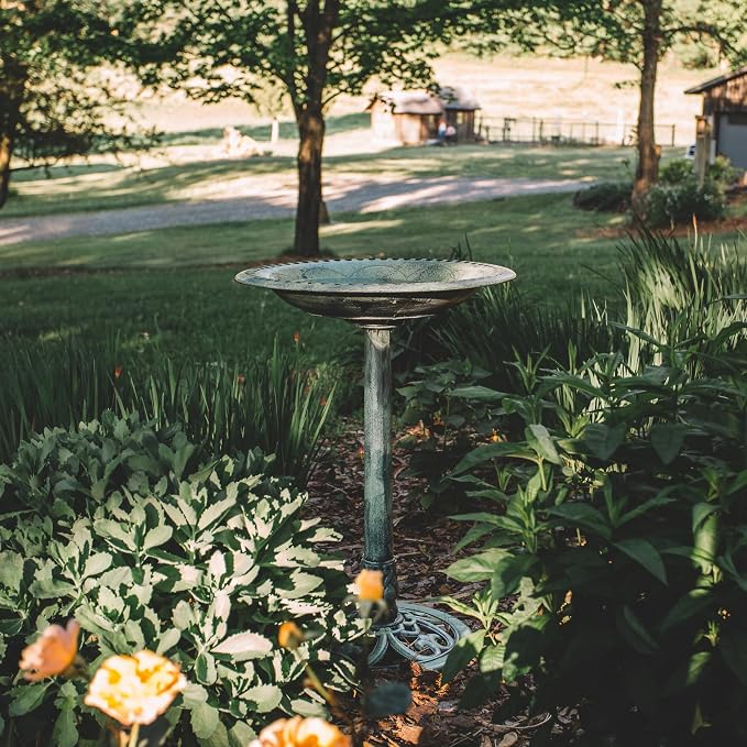 Backyard Expressions Outdoor Garden Bird Bath - Mint Green - Weather Resistant Polyresin - 27 Inch
