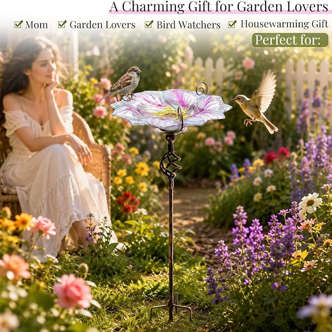 VCUTEKA Glass Bird Bath Outdoor BirdBath Bird Feeder with Metal Stake Garden Decor, Pink