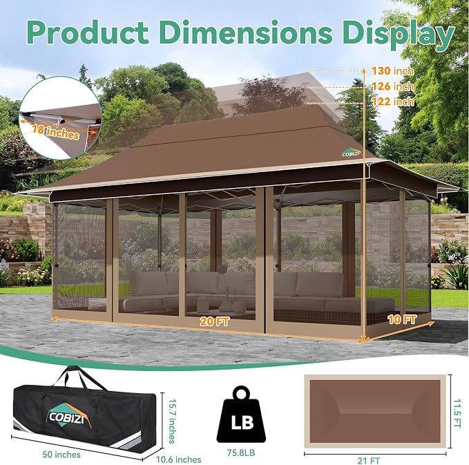 COBIZI 10x20 Pop up Canopy Tent -12x20 Gazebo, Party Tents for Parties, Carpas para Fiestas, Large Outdoor Popup Patio Screened Gazebos, Shelter Tents with Net for Backyard, Commercial,Brown