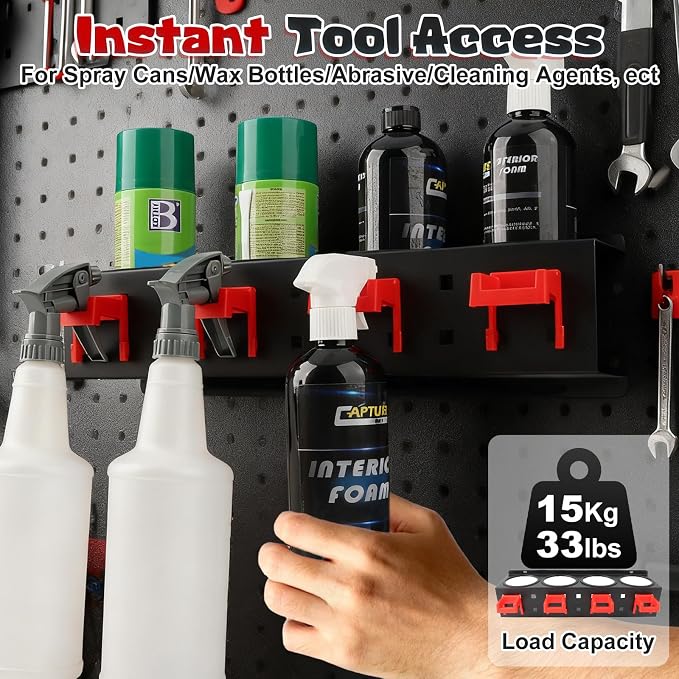 2 Pack Spray Bottle Holder Wall Mount, Carbon Steel Heavy-Duty Car Detailing Bottle Organizer, Spray Can Holder Rack with 4 Holes & 4 Hooks, Space Saving Storage Holder for Garage Workshop Van Shed