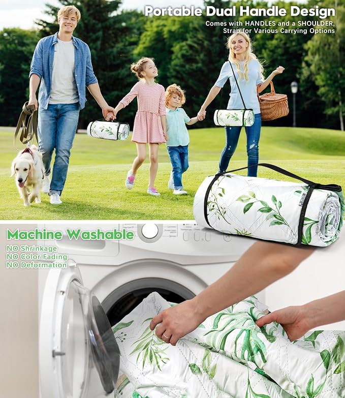 DEWUR Picnic Blankets 79"x79" Extra Large Outdoor Blanket Beach Blanket Waterproof SandProof Picnic Mat Washable Foldable Portable for Grass Lawn Beach Camping (Green with Leaves)