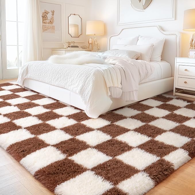 Checkered Rug 9x12 for Living Room, Ultra Fluffy Fuzzy Shag Large Area Rug for Bedroom, Modern Plush Soft Upgrade Non-Slip Carpet for Kids Girls and Boys Room Dorm Home Decor, Cream and Coffee