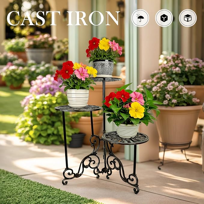 Cast Iron Plant Stand Indoor, 3 Tier Vintage Plant Shelf with Ornate Design, Heavy Duty Corner Plant Stand for House Decor, Ornament Display Stand for Plants