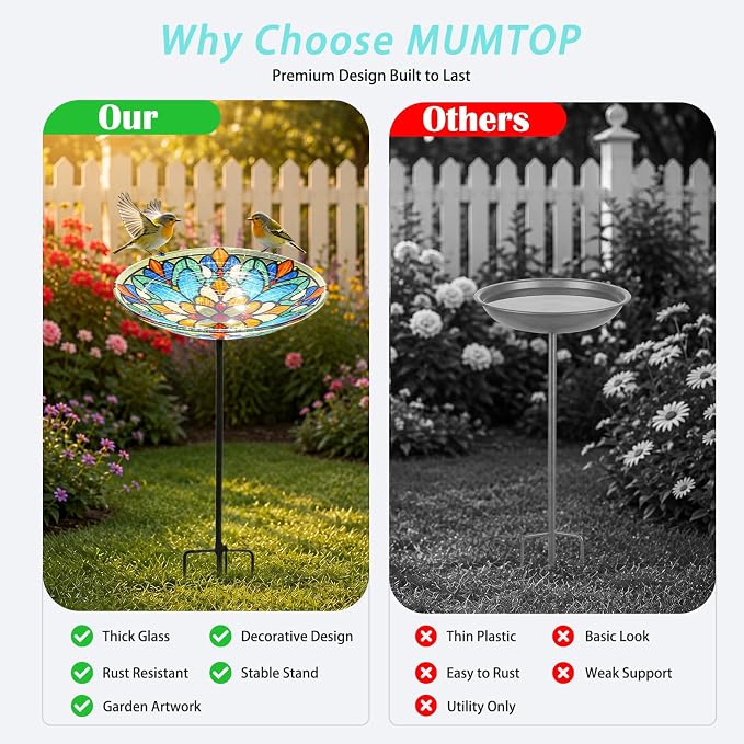MUMTOP Bird Baths for Outdoors, Glass Birdbath Birdfeeder Bowl with Metal Stake for Outside Garden Yard Lawn Tiffany Style Decor