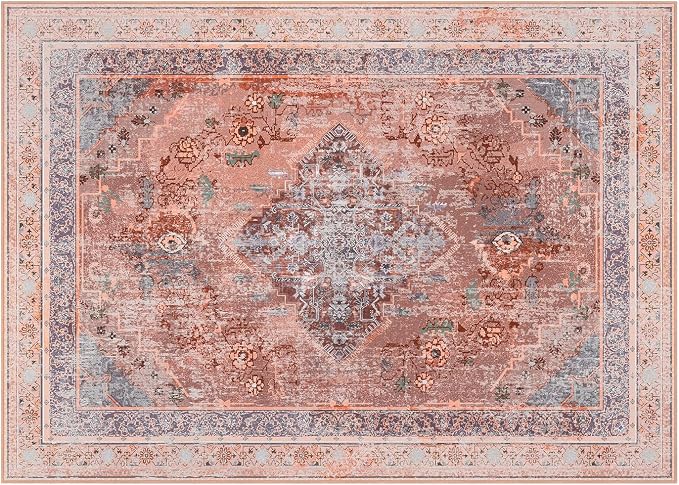 Phantoscope Washable Area Rug 5'x7' Non-Slip, Vintage Neutral Fall Rugs for Living Room, Bedroom, Dining Room, Distressed Boho Medallion Pattern, Low-Pile Foldable Floor Carpet, Rust Orange