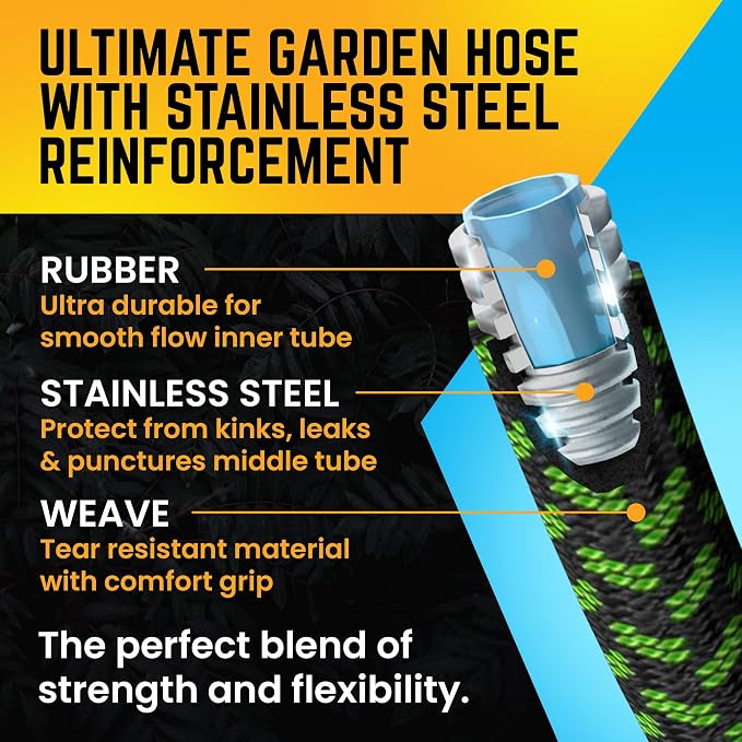 PowerFlow Garden Hose, NON-EXPANDABLE 50 Feet Premium Quality Stainless Steel Metal Water Hose with Durable Fabric Skin, Hose For Commercial, Residential Use, Bonus 10-way Spray Nozzle (50 Ft, Green)