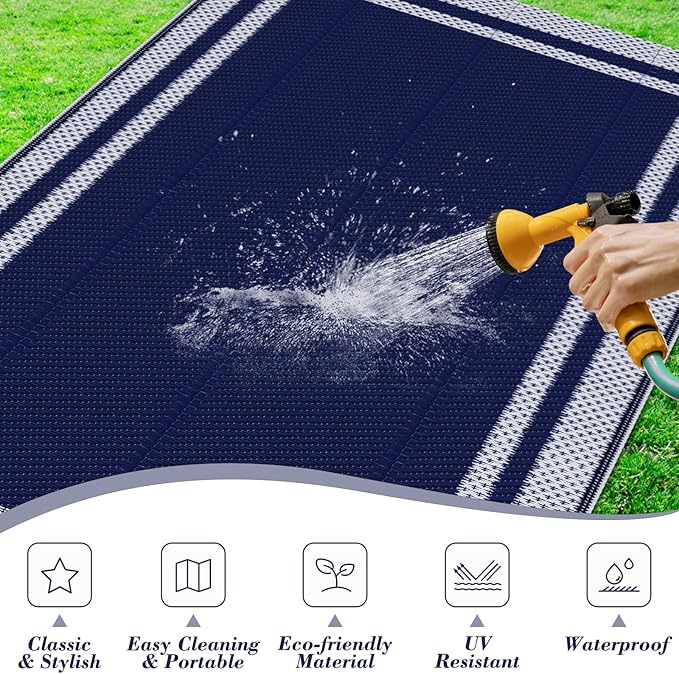 KMAT Outdoor Rug, Waterproof Reversible Patio Rugs, 8x10ft Large Outdoor Area Rug Foldable Plastic Camping Rugs for Outside RV, Patio,Picnic,Camper,Balcony,Porch (Blue &White)