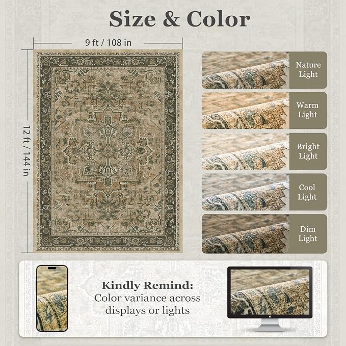 Large Vintage Area Rugs 9x12 for Living Room, Distressed Medallion Printed Big Carpet Rugs for Bedroom, Washable Non Slip Low Pile Thin Rugs for Dining Room, Multi Brown/Olive Green