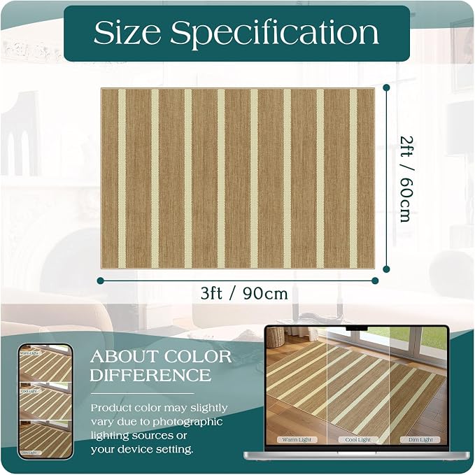 Indoor Front Door Mat, 2x3 Cottage Tan Beige Striped Front Door Rug | Non-Slip Washable Doormat Indoor Outdoor Entrance Small Rugs for Entryway Bedroom Kitchen Mat for Floor Front Porch Decor