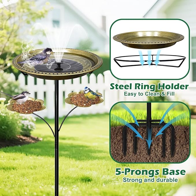 Bird Bath for Outside, Vintage Freestanding Birdbaths with 5-Pronged Base, Removable Bird Bath Bowl & Bird Feeder for Outdoors Garden Patio Yard Lawn Decor,Easy to Clean (Antique Gold)