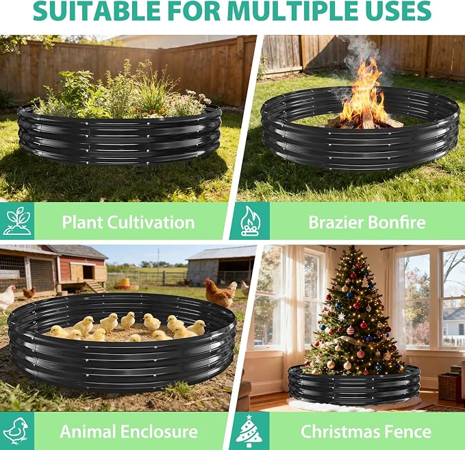 YSEJOMP 6FT Diameter Galvanized Garden Raised Bed/Plant Box/Fire Pit Ring-0.8mm Thick,12 Inch Tall,Crimped Edge and Corner,No Sharpe,Perfect for Plantings (Black, 72 Dia X 12 inches)