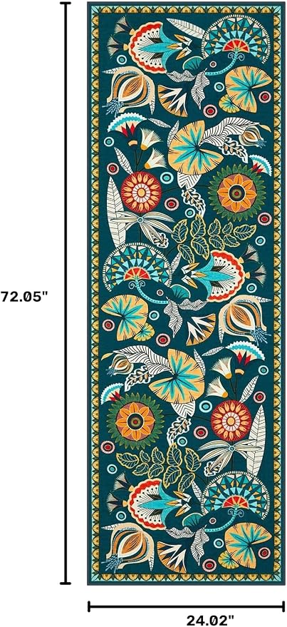 Joydeco Egypt Floral Boho 2x6 Washable Kitchen Hallway Bathroom Rug Runner | Dark Green Botanical Colorful Non Slip Stain Resistant Low Pile Flower Indoor Carpet Runner for Entryway Laundry Room Bedroom