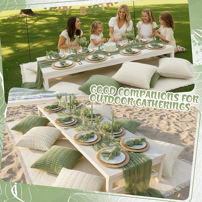 Beeveer 14 Pack Picnic Kit 91x71 Inch Extra Large Outdoor Boho Picnic Blanket with Sage Green Table Runner, 6 Throw Pillow Covers 6 Napkin Woven Cotton Yarn Washable Beach Blanket for Camp Wedding