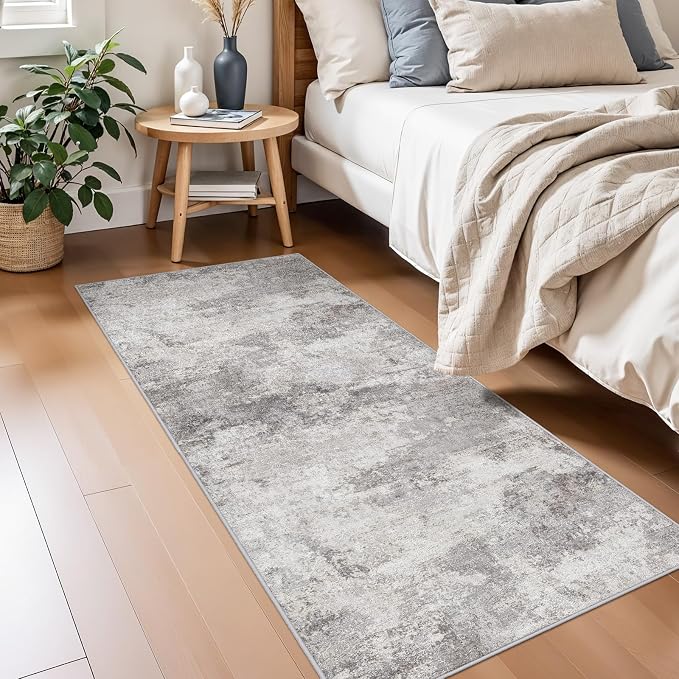 2x5 Washable Abstract Rug Runner: Non Slip Hallway Carpet for Entryway Grey | Kitchen,Laundry Room- Soft Low-Pile Thin Indoor Floor Mat - Modern Gifts for Newlyweds Household Home Decor 2x5 Grey