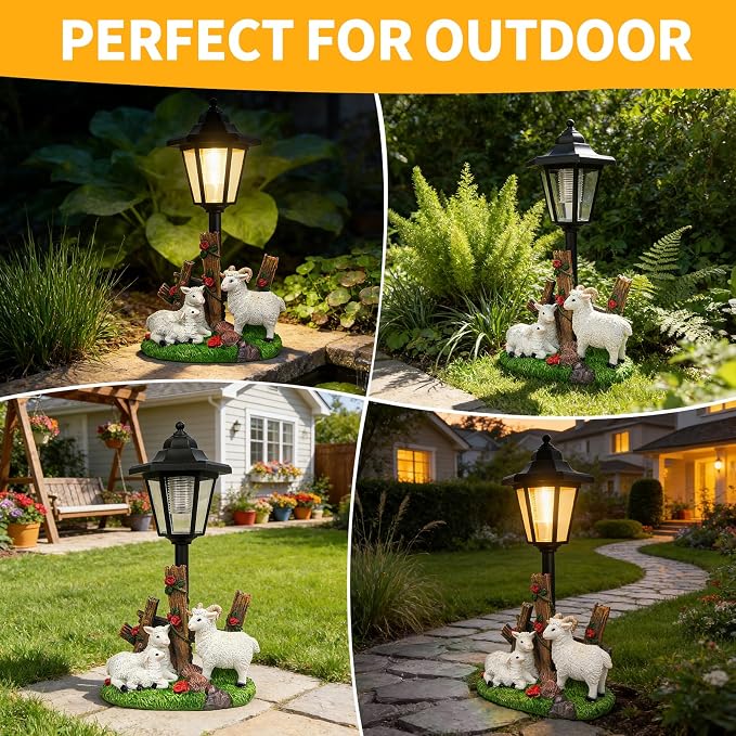 Solar Sheep Garden Outdoor Decor, Farmhouse Sheep Statue with LED Lantern, Decorative Lawn Lights Waterproof Resin Animal Figurine for Yard Patio Pathway Landscape Gift for Mother's Day