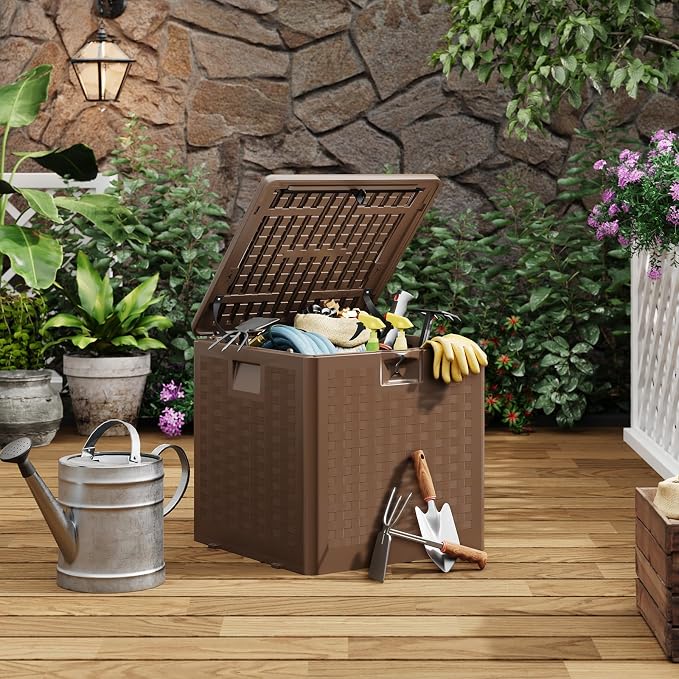 IDEALHOUSE 28 Gallon Resin Deck Box, Waterproof Outdoor Storage Box with Lockable Lid & UV Resistant, Patio Furniture Cushion Storage Container for Garden, Backyard, Poolside (Brown)