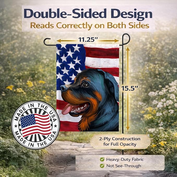 Caroline's Treasures CK6677GF Rottweiler Dog American Flag Garden Flag Mailbox Flag Decorative Yard Flag Banner Outside Patio Artwork Yard Flower Beds, Garden Size, Multicolor