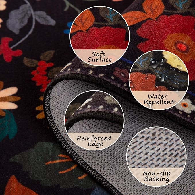 RELEANY Floral Washable 2x3 Area Rugs Doormat Black | Flower Carpet, Print, Boho, Non-Slip, Easy to Clean, Soft, Low Pile for Living Room Bedroom Kitchen Office Entryway Hallway