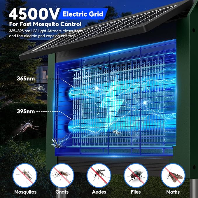 Solar Bug Zapper Outdoor, 4500V Electric Mosquito Zapper with Dual Solar Panels & USB Charging, Auto On/Off Mosquito Killer, IPX5 Waterproof Fly Trap for Backyard Patio Garden Camping, 1/2 Acre