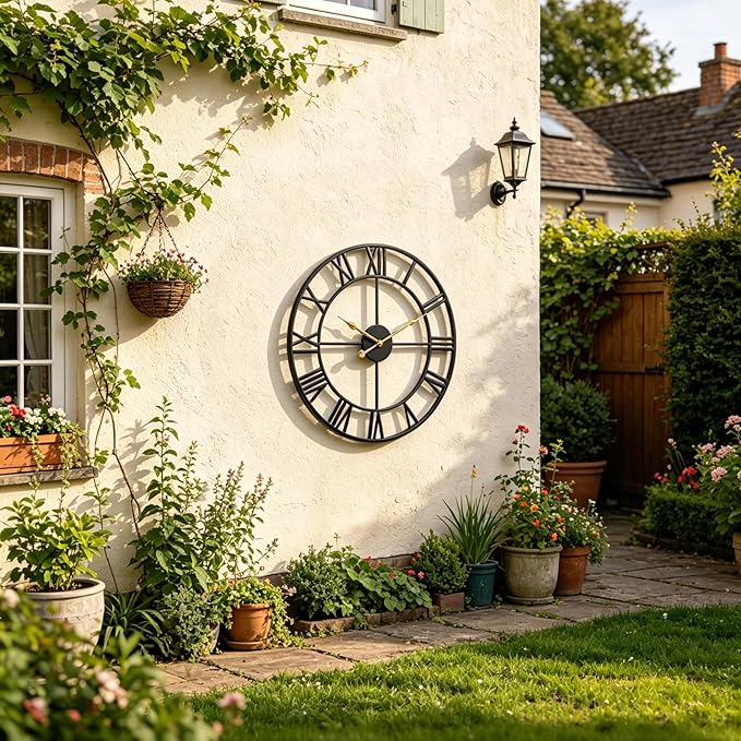 Extra Large Outdoor Clocks, Oversized Outdoor Clock for Patio/Pool, Vintage Metal Outdoor Clock Silent Battery Operated, European Industrial Skeleton Wall Clock for Backyard/Garden/Fence, 30 in