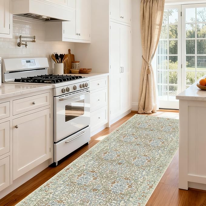 Washable 2' x 6' Runners for Hallways, Non Slip Long Floor Runner for Kitchen, Entryway Indoor, Stain Resistant Rubber Backing Floral Decor Rug (Beige Blue)