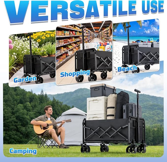 Collapsible Wagon Cart Foldable with Wheels - Heavy Duty 360LBS Portable Folding Utility Shopping Cart with 360° Swivel Brakes Wheels & Cup Holders for Outdoor Camping Beach Grocery Garden